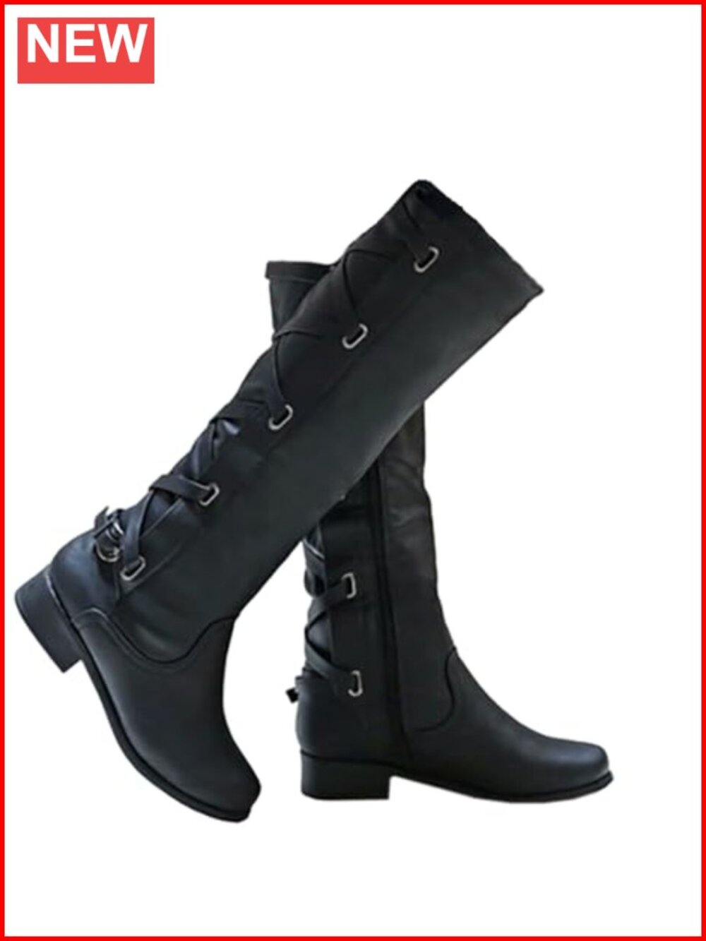 Womens Lace Up Knee High Motorcycle Boots Low Heel Riding Shoes